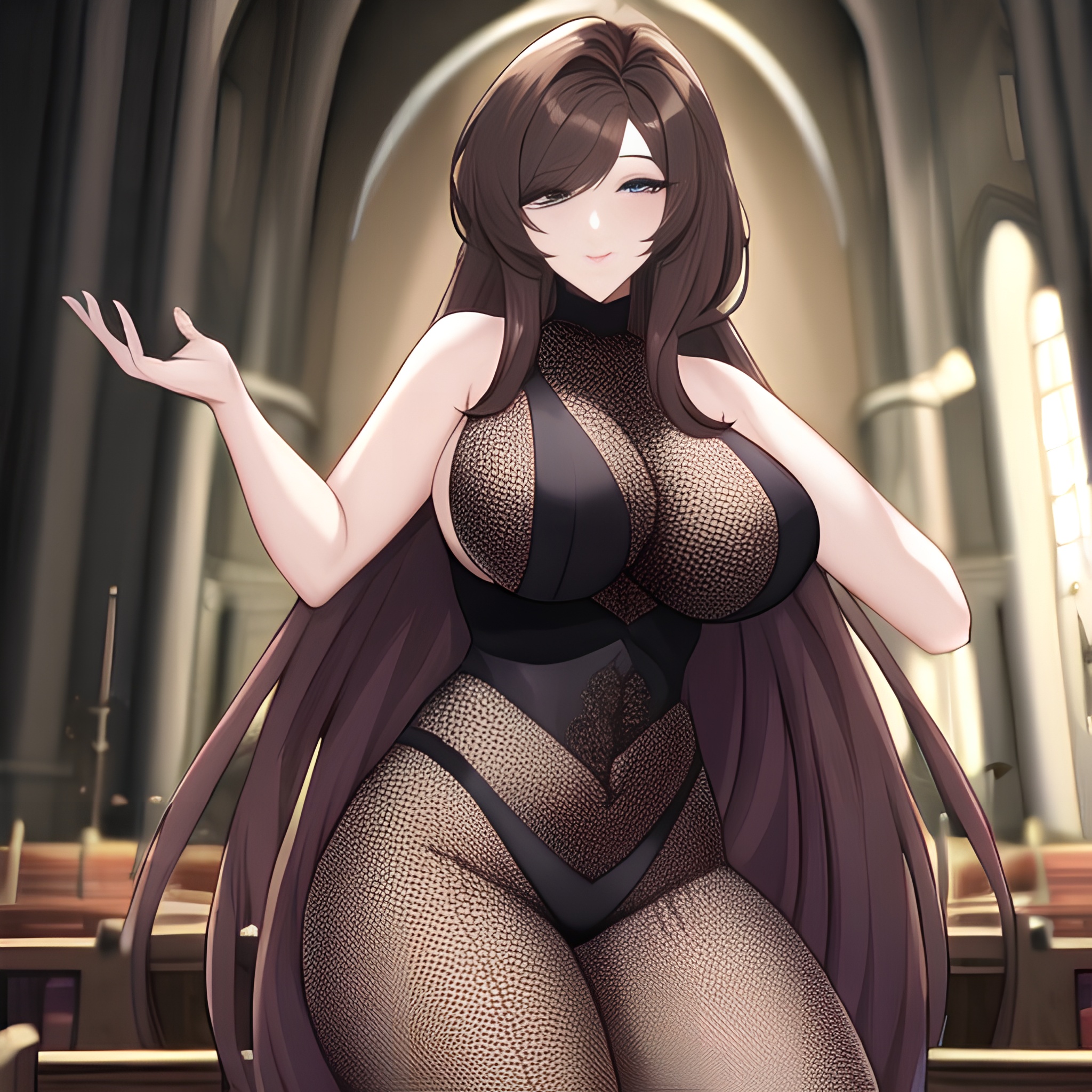 fishnet church brunette messy hair long hair woman