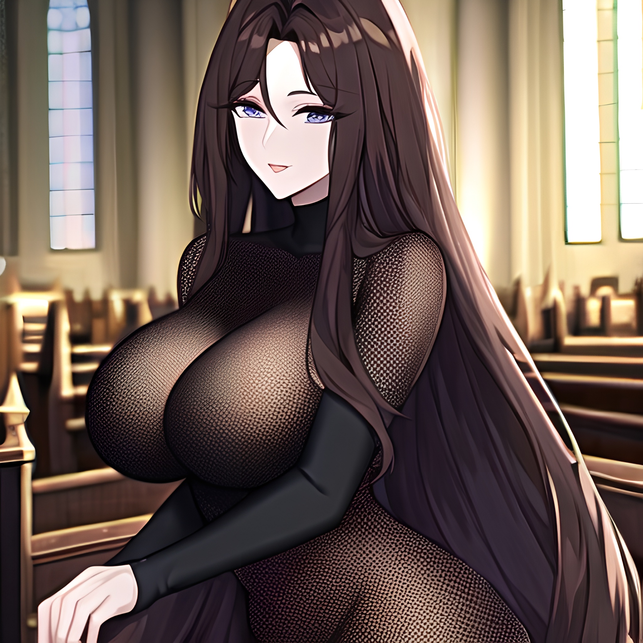 fishnet church brunette woman long hair messy hair 