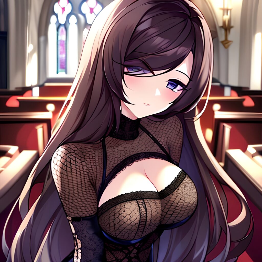 fishnet church brunette woman long hair messy hair