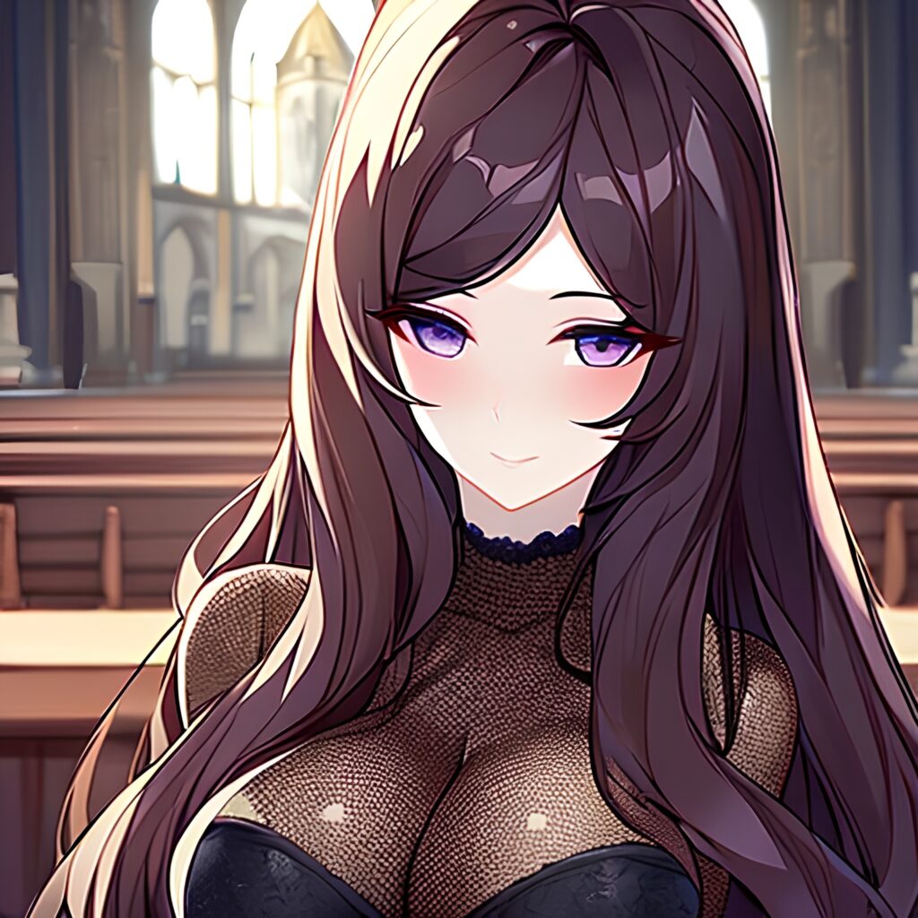 fishnet church brunette woman long hair messy hair