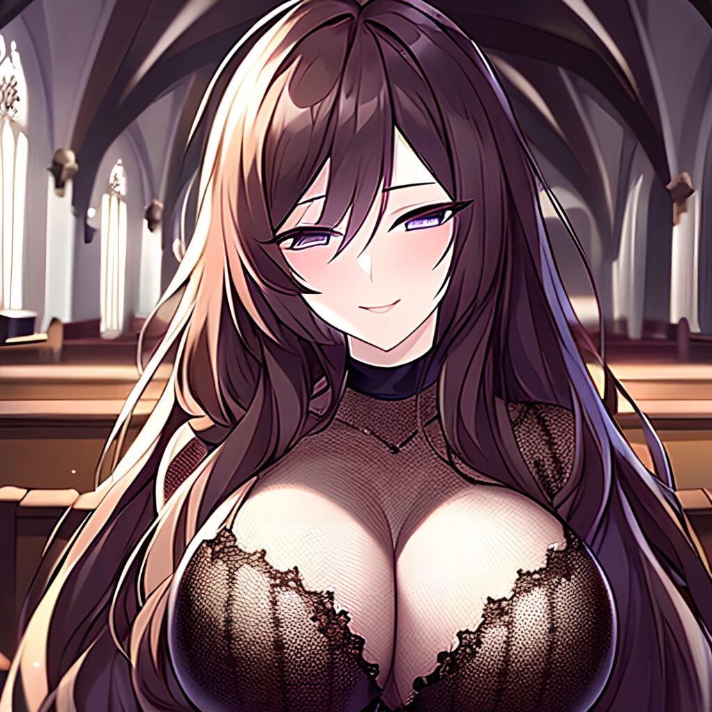 fishnet church brunette woman long hair messy hair