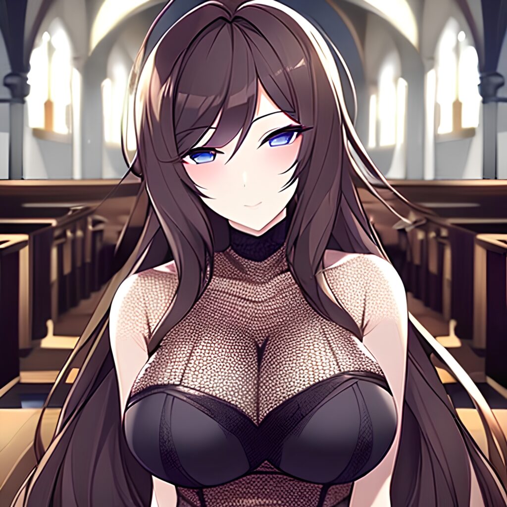 fishnet church brunette woman long hair messy hair 