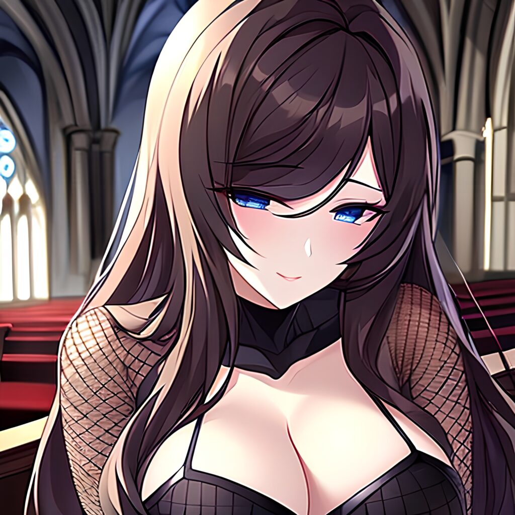 fishnet church brunette woman messy hair long hair 