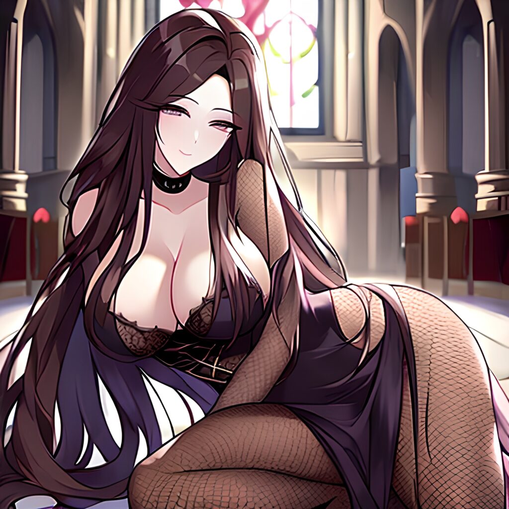 fishnet church brunette woman messy hair long hair 