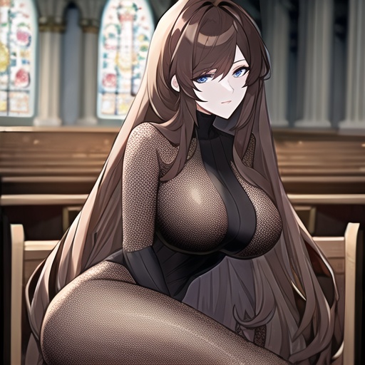 fishnet church long hair brunette messy hair woman