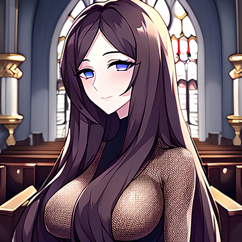 fishnet church long hair brunette woman messy hair 