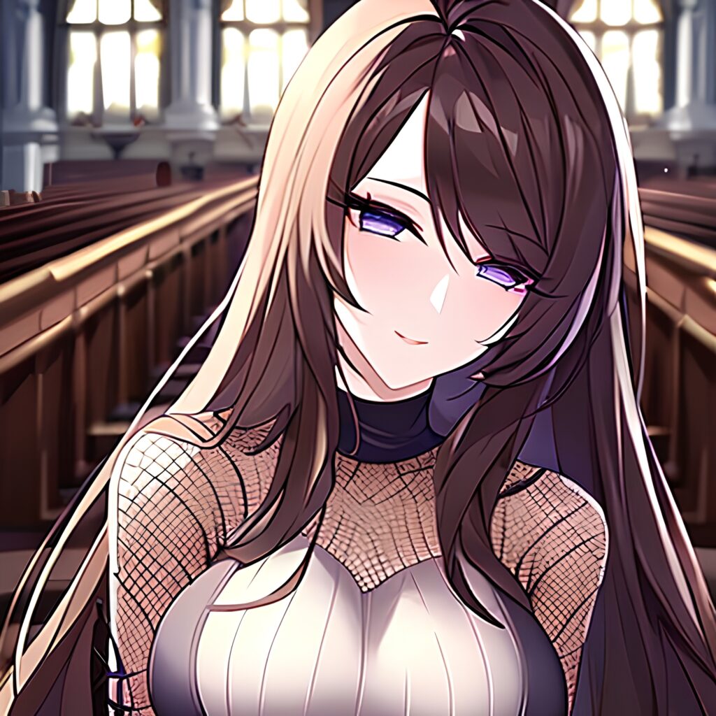fishnet church long hair brunette woman messy hair