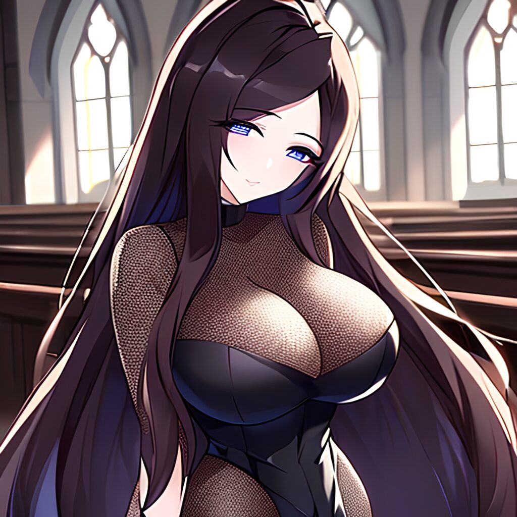 fishnet church long hair brunette woman messy hair
