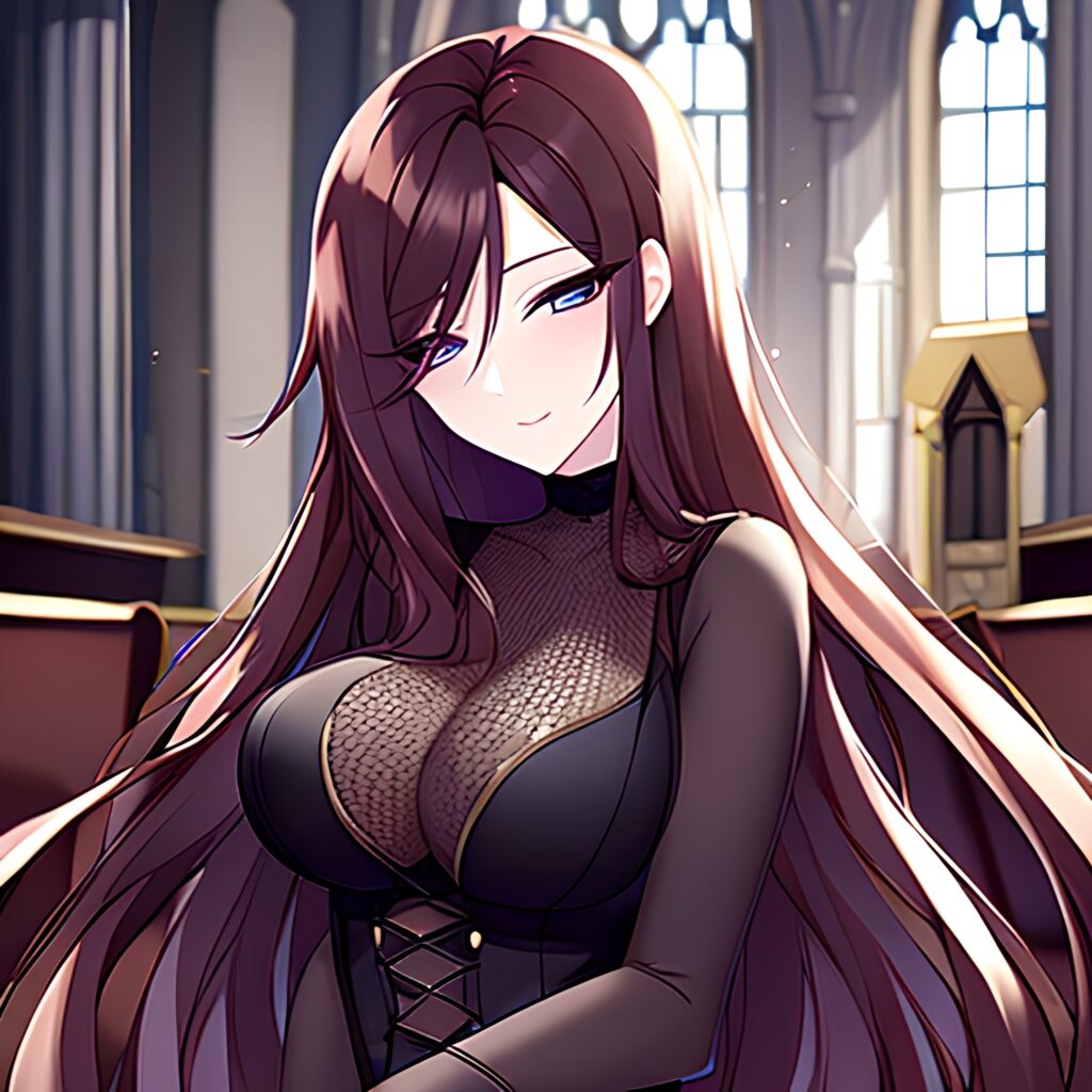 fishnet church long hair brunette woman messy hair
