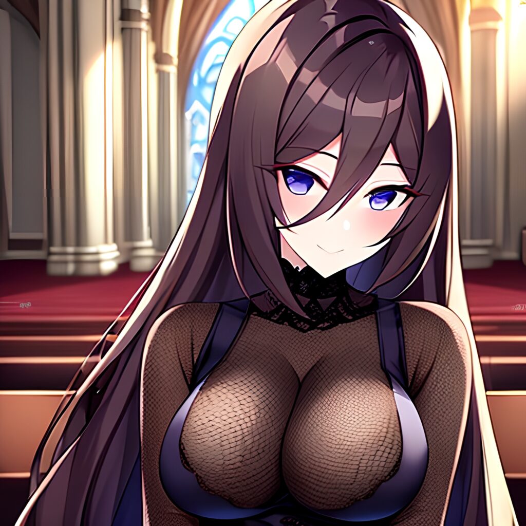 fishnet church long hair brunette woman messy hair