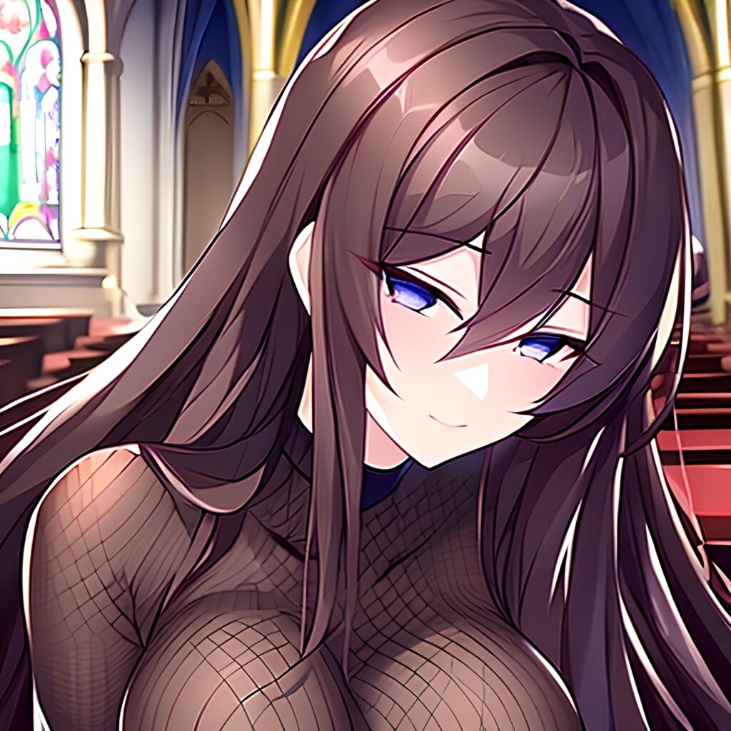 fishnet church long hair brunette woman messy hair 