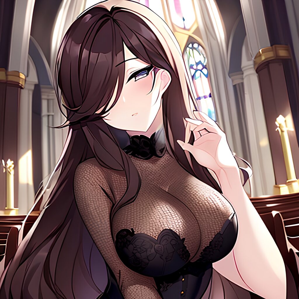 fishnet church long hair messy hair brunette woman