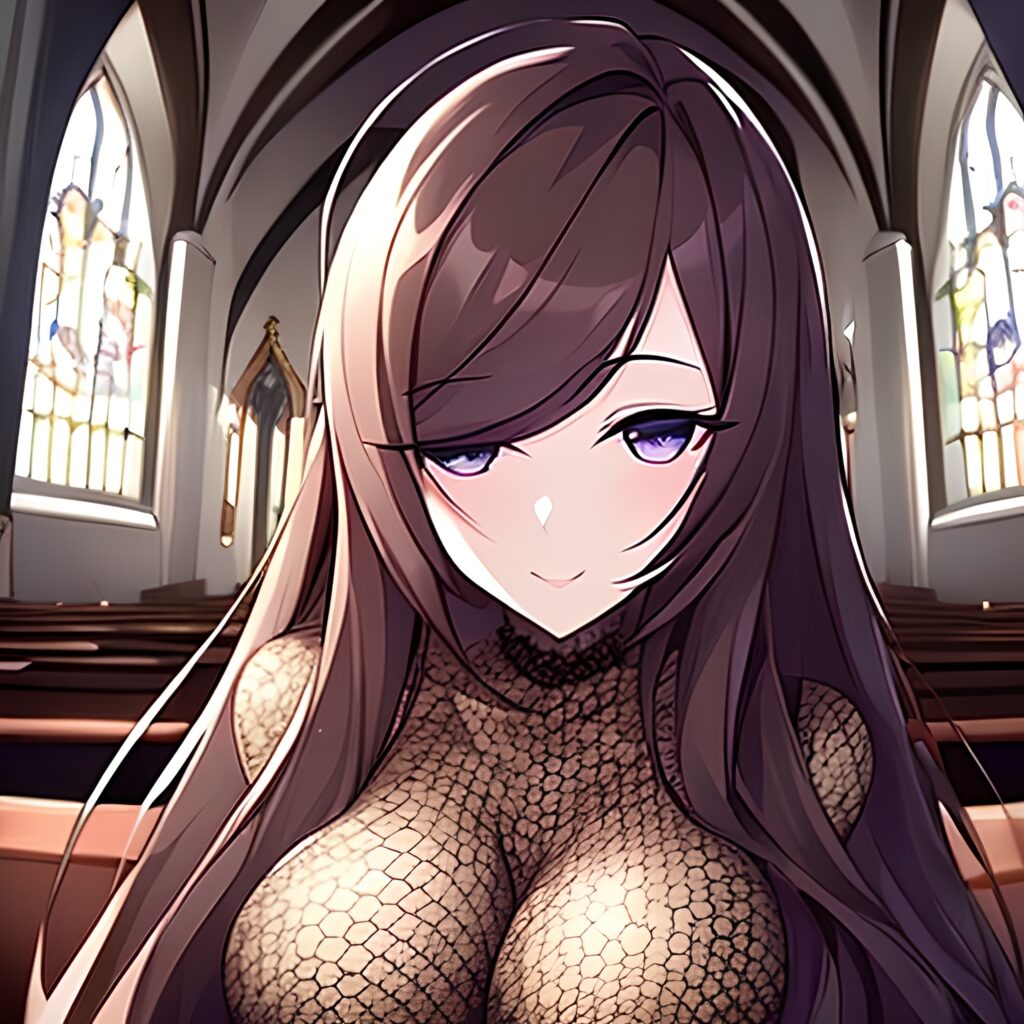 fishnet church long hair messy hair brunette woman 