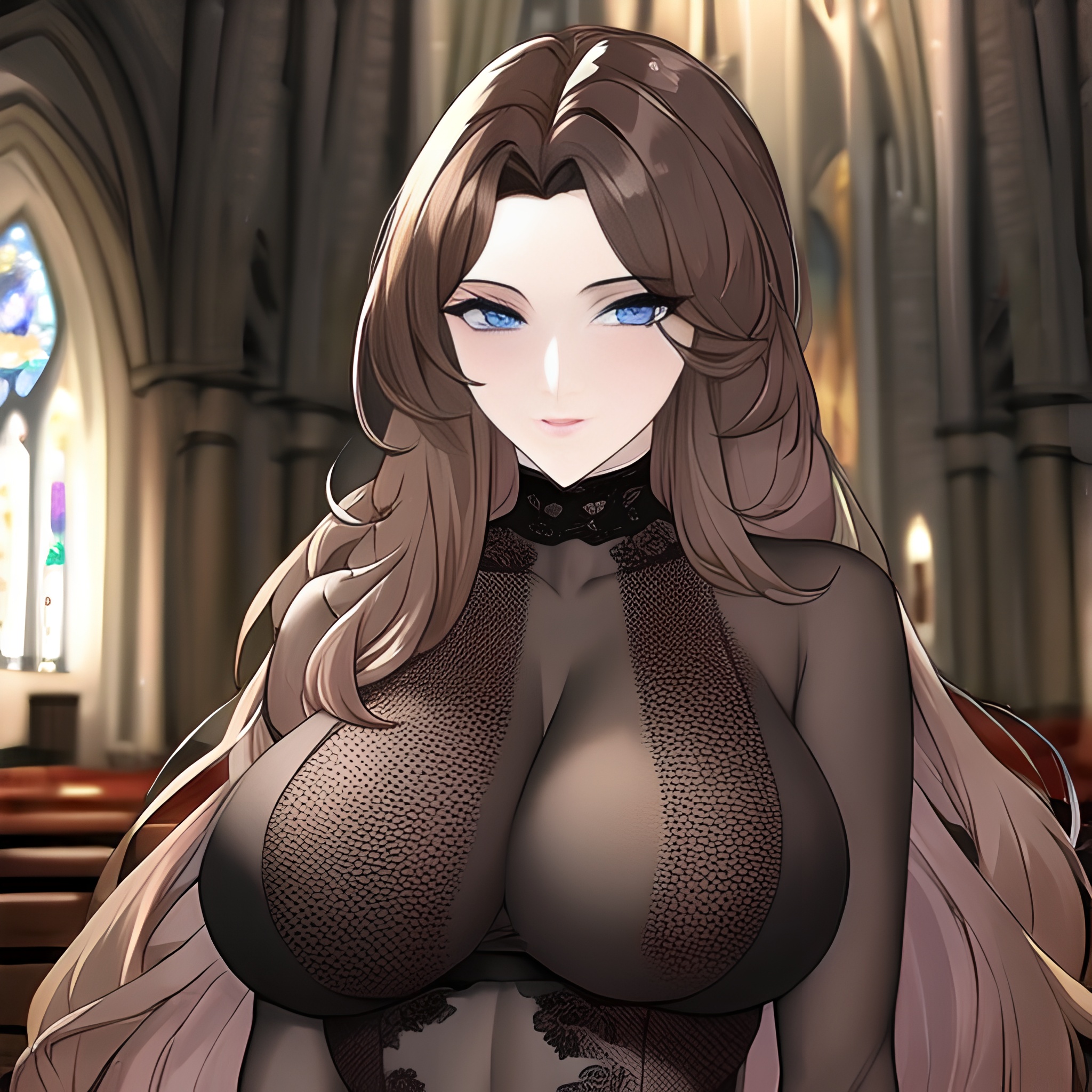 fishnet church long hair messy hair woman brunette 
