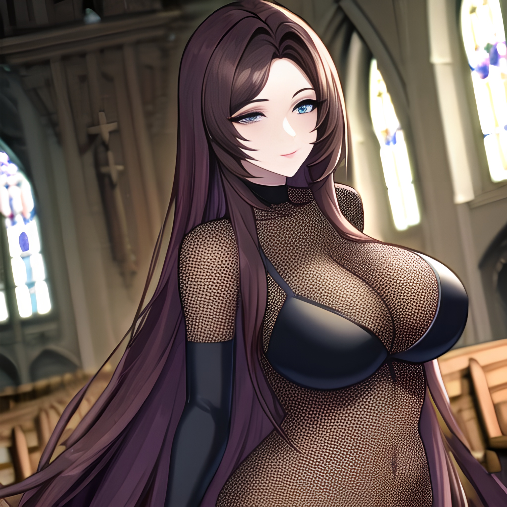 fishnet church long hair woman brunette messy hair 