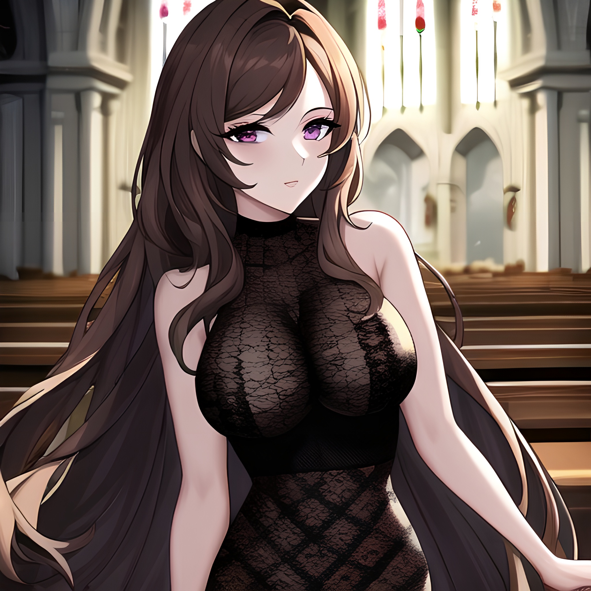 fishnet church messy hair brunette woman long hair 