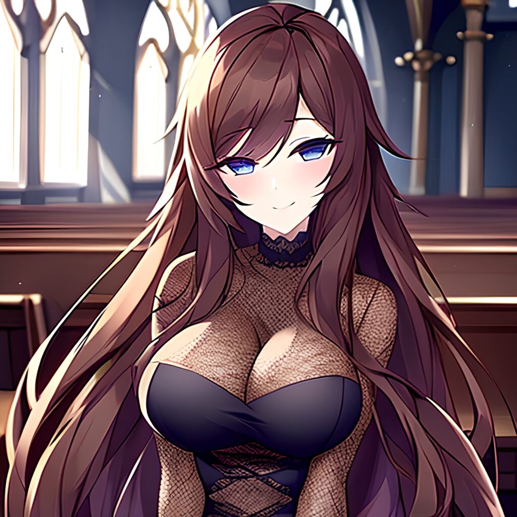 fishnet church messy hair long hair brunette woman