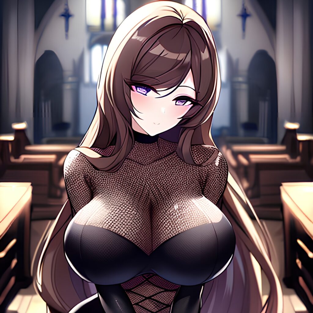 fishnet church messy hair long hair brunette woman 