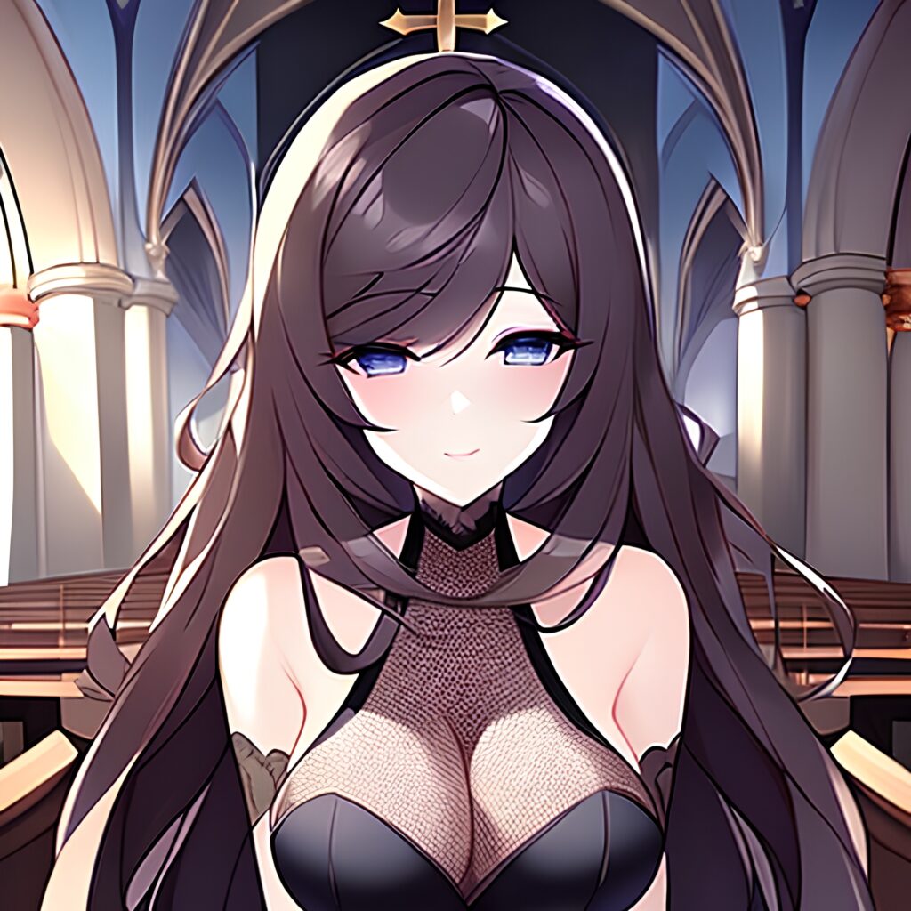 fishnet church woman brunette long hair messy hair