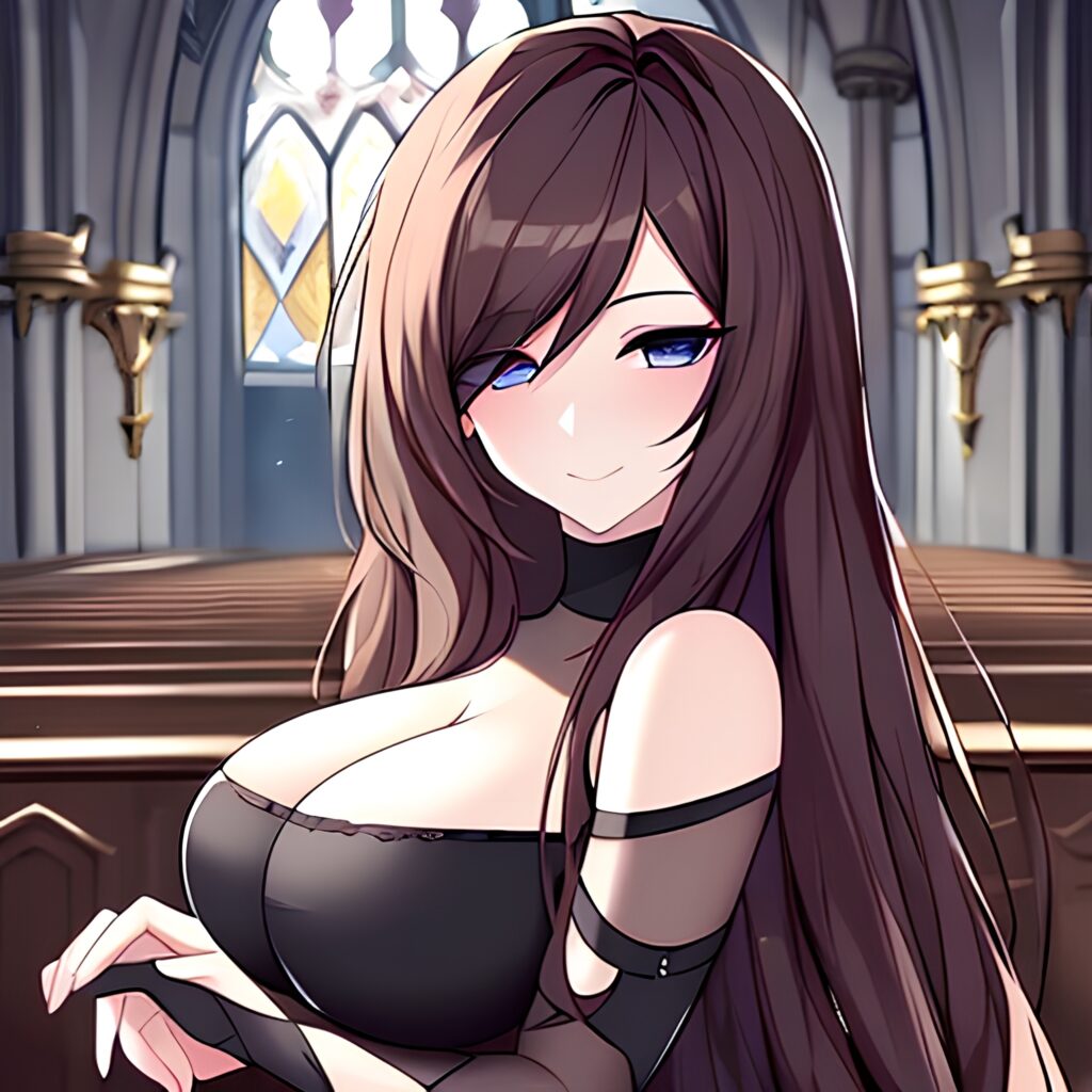 fishnet church woman brunette long hair messy hair 