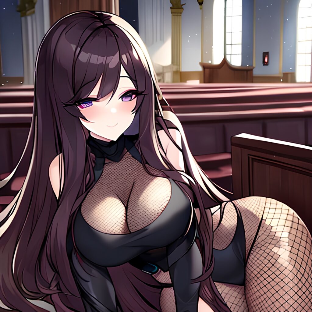 fishnet church woman brunette long hair messy hair
