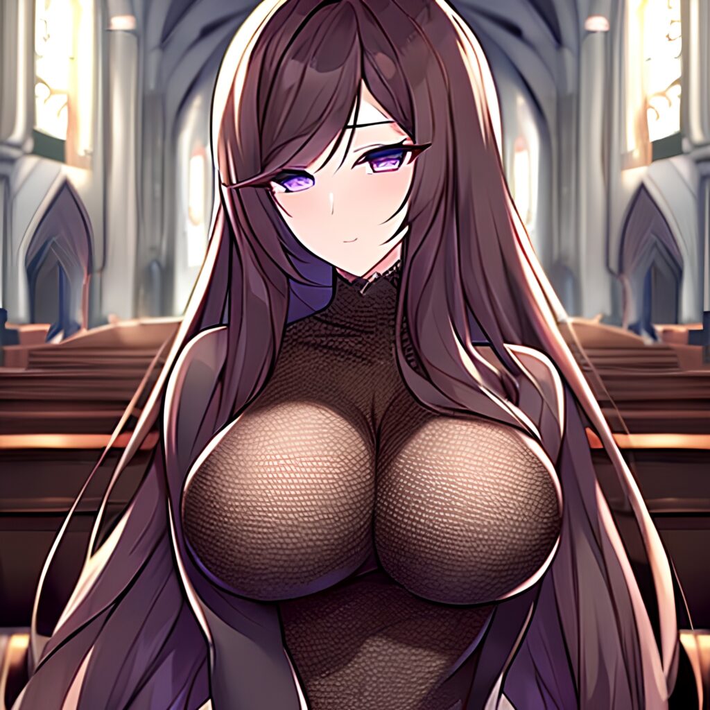 fishnet church woman brunette long hair messy hair 