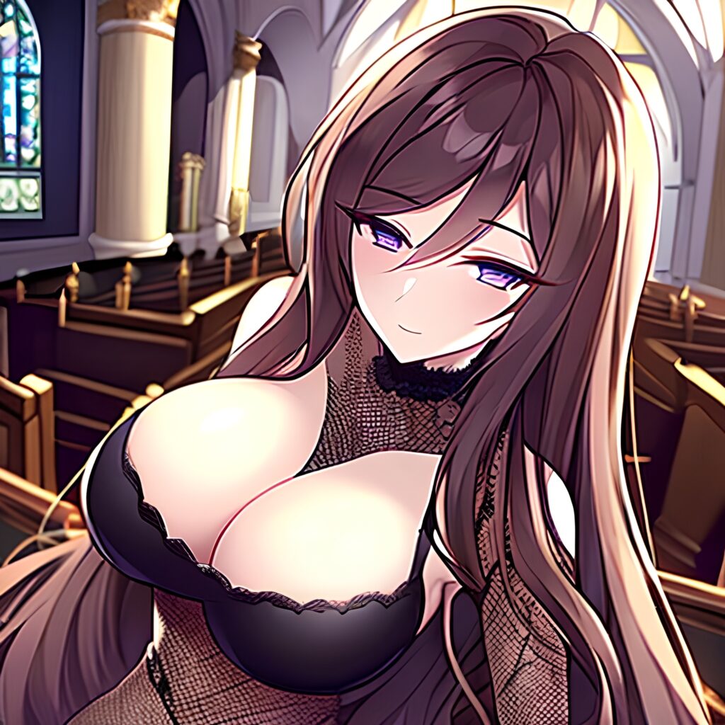 fishnet church woman brunette long hair messy hair 