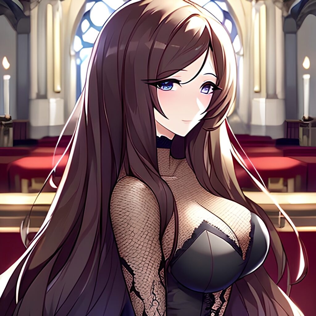 fishnet church woman brunette long hair messy hair