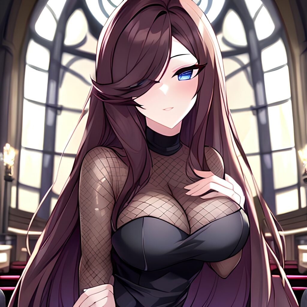 fishnet church woman brunette messy hair long hair 