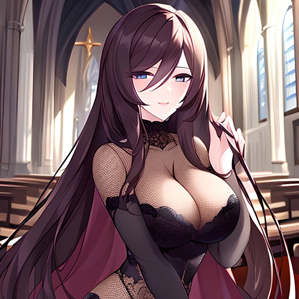 fishnet church woman brunette messy hair long hair 