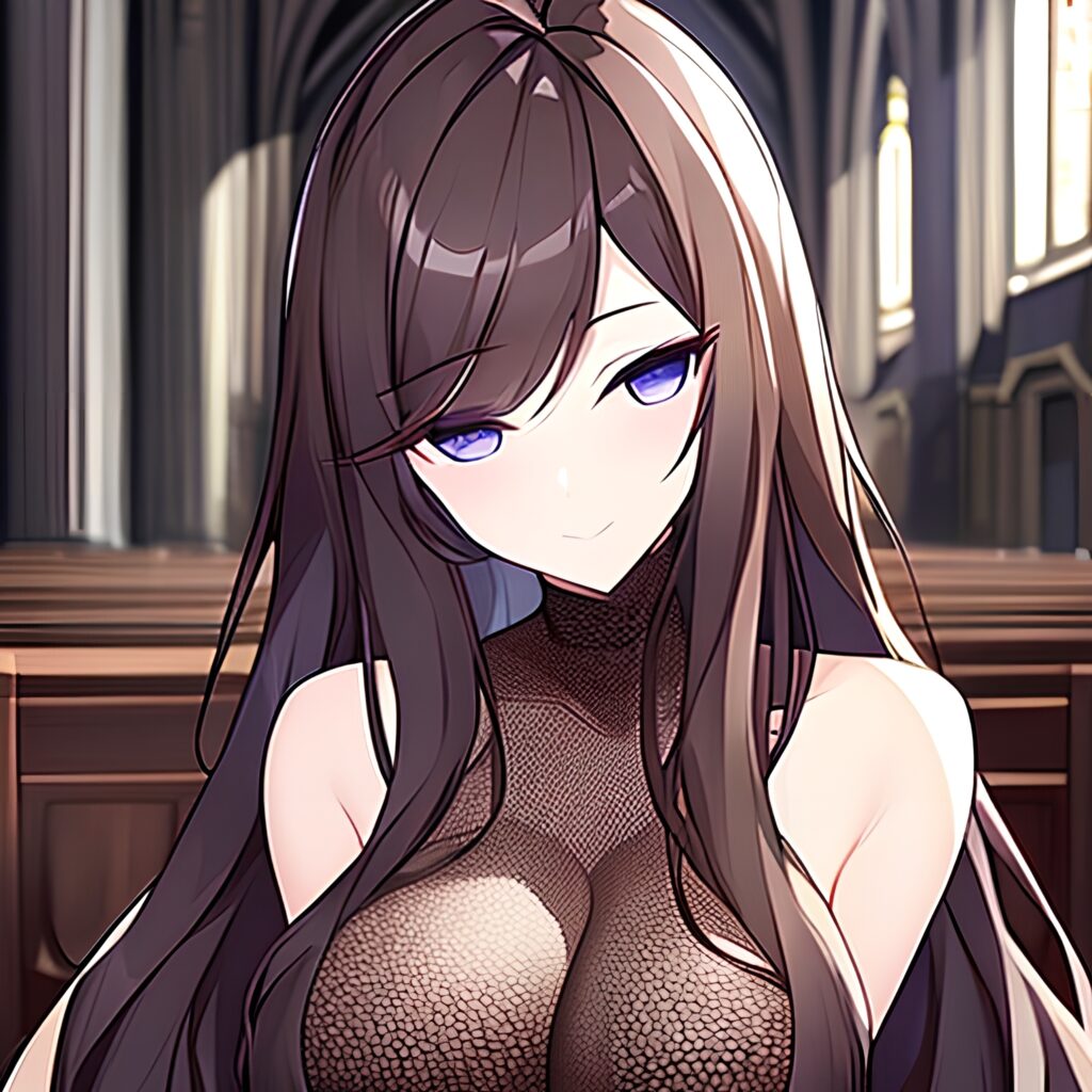 fishnet church woman brunette messy hair long hair 
