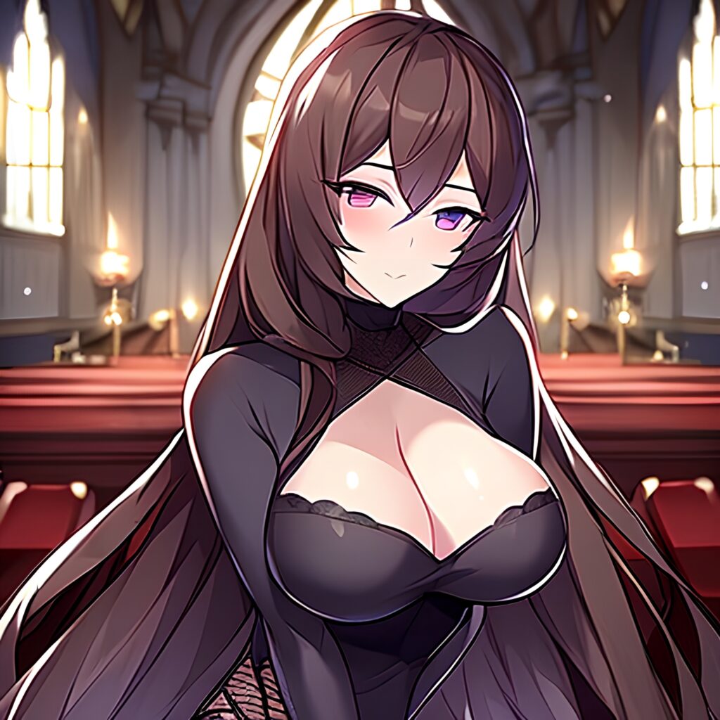 fishnet church woman brunette messy hair long hair 