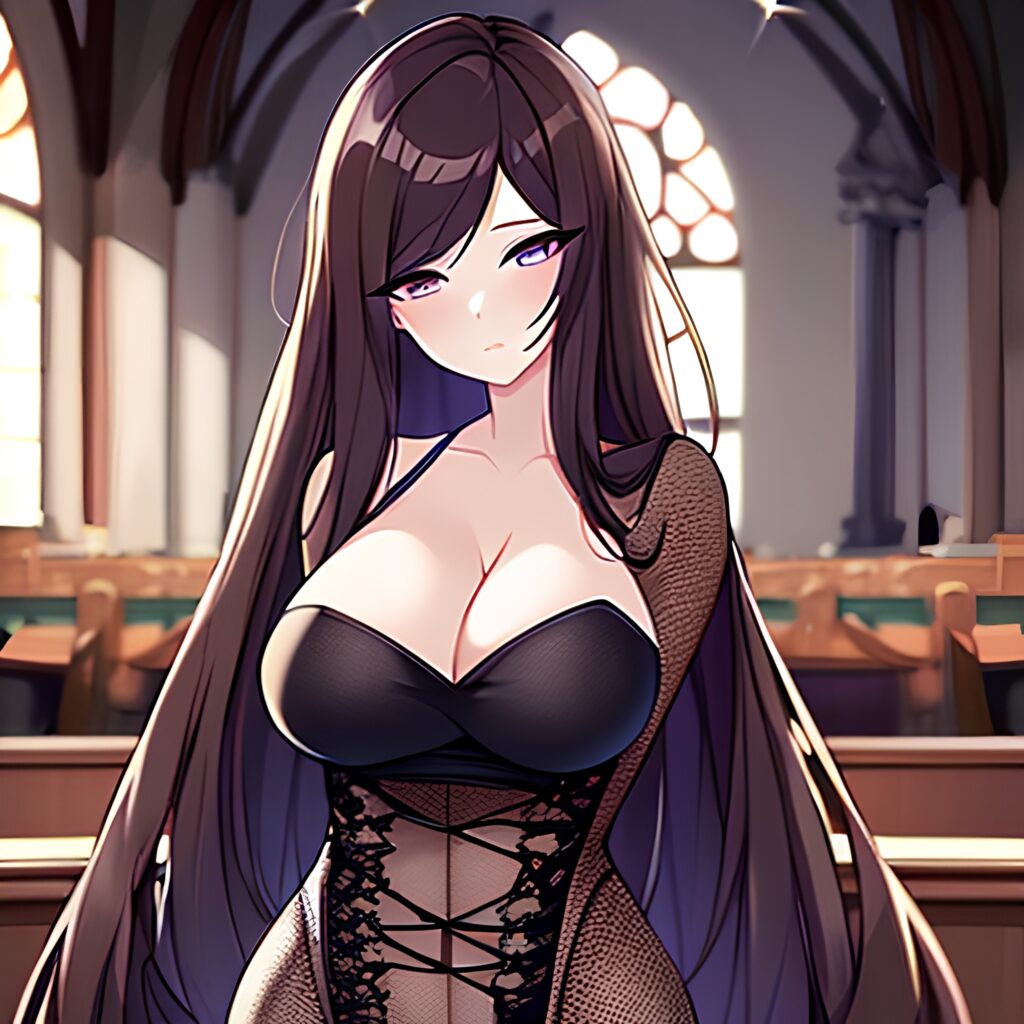 fishnet church woman brunette messy hair long hair 