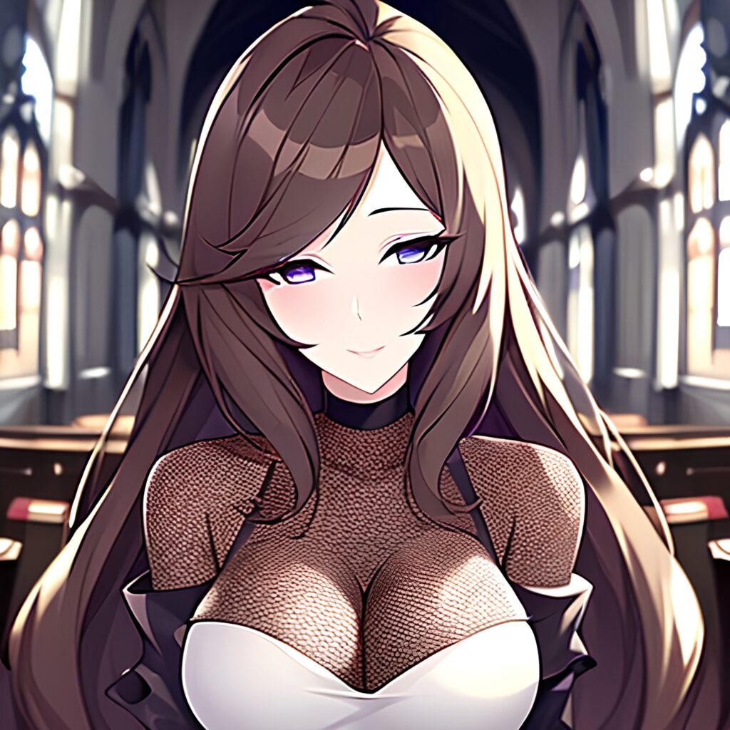 fishnet church woman long hair brunette messy hair 