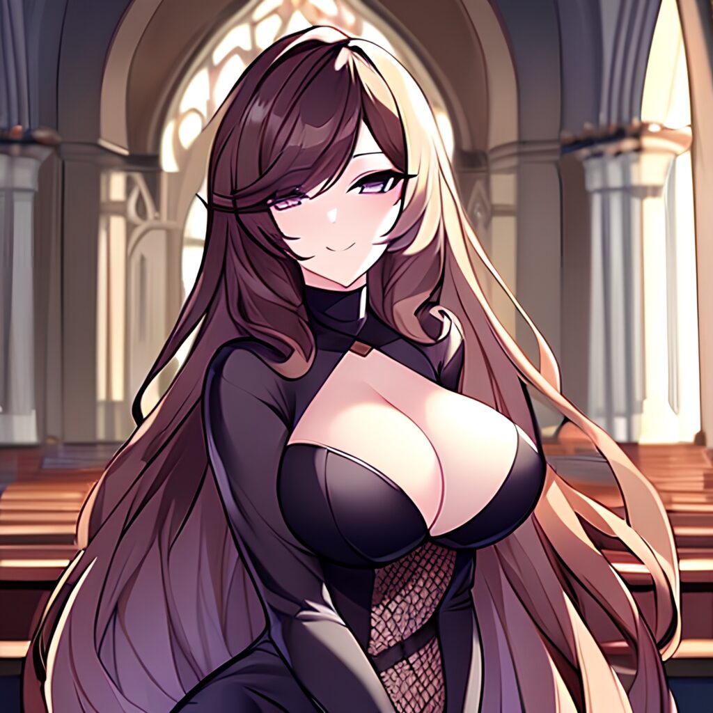 fishnet church woman long hair brunette messy hair 