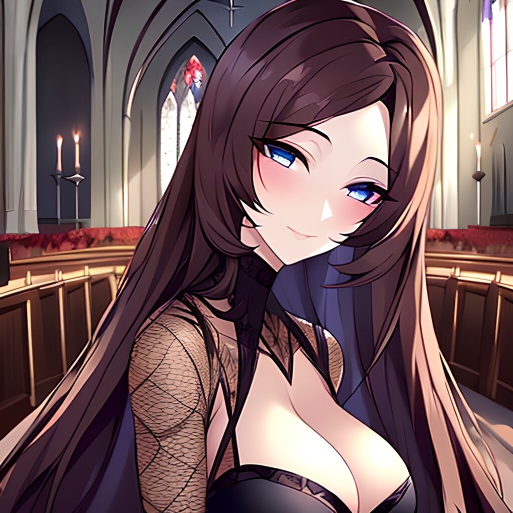 fishnet church woman long hair brunette messy hair 