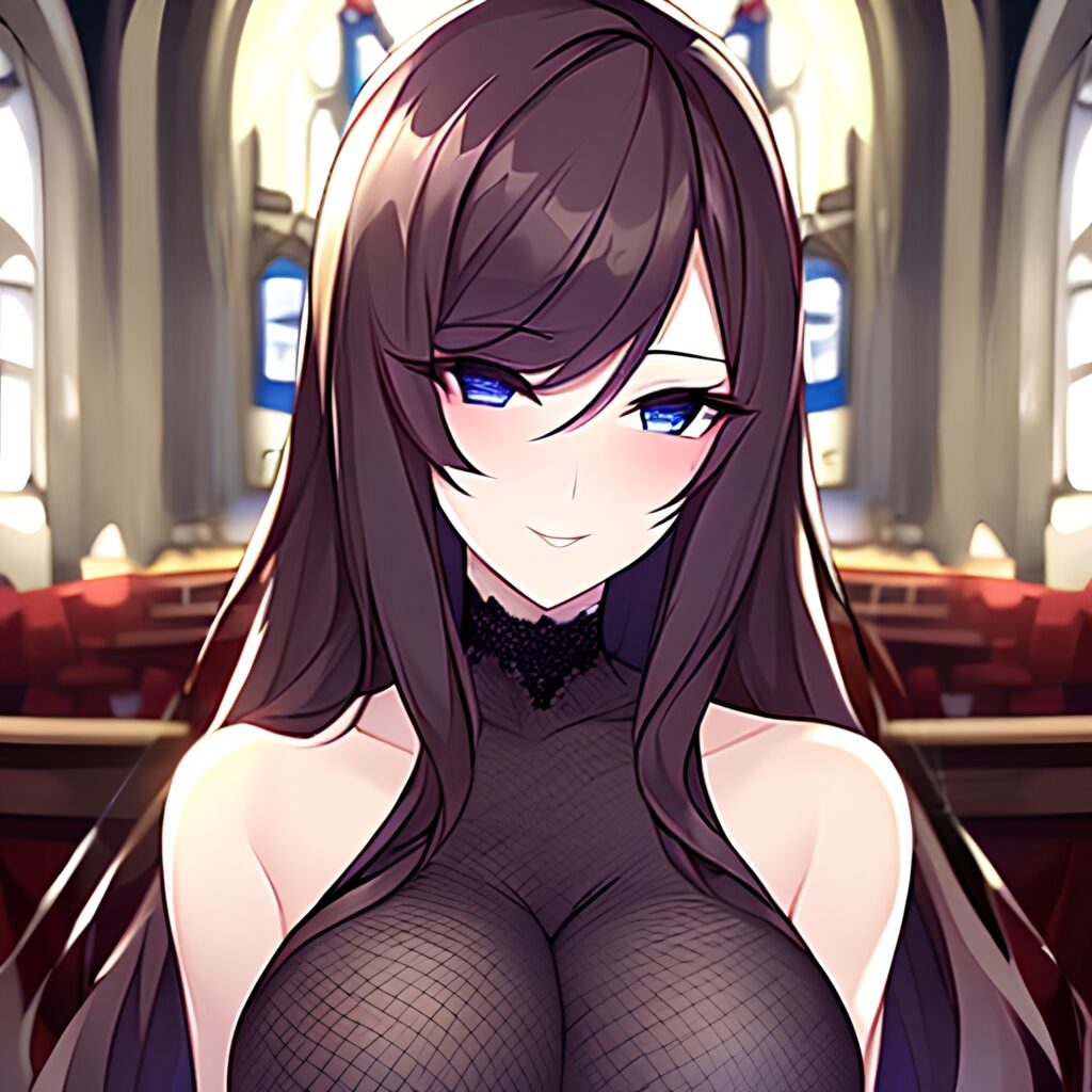 fishnet church woman long hair messy hair brunette 