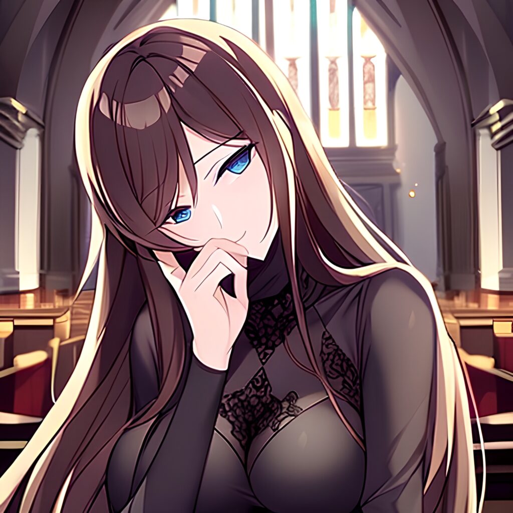 fishnet church woman long hair messy hair brunette 