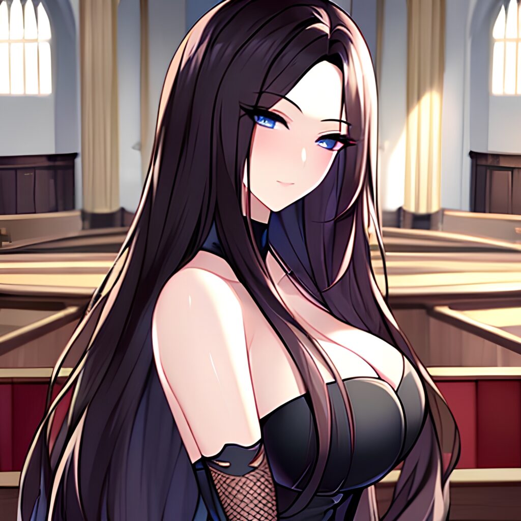 fishnet church woman long hair messy hair brunette