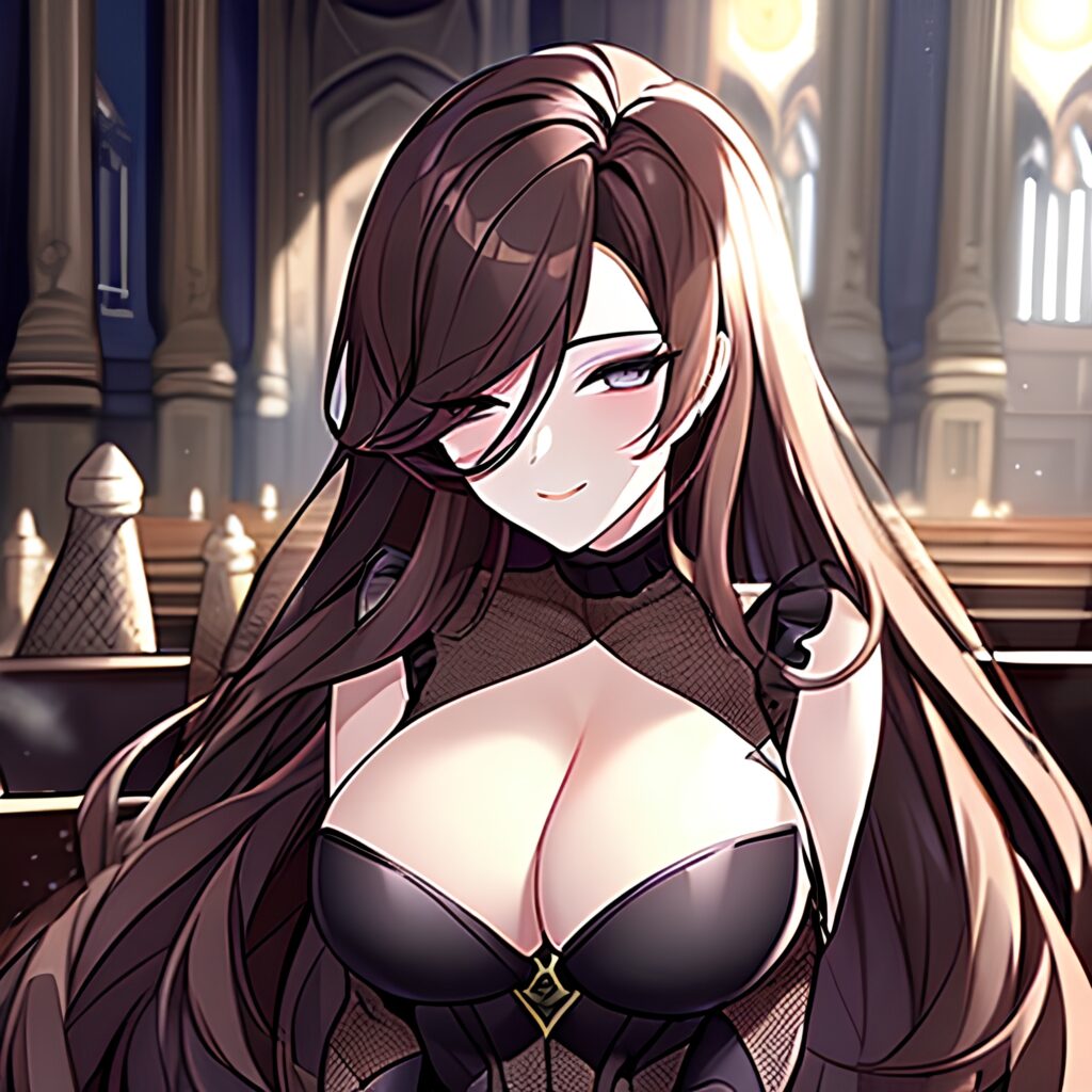 fishnet church woman long hair messy hair brunette
