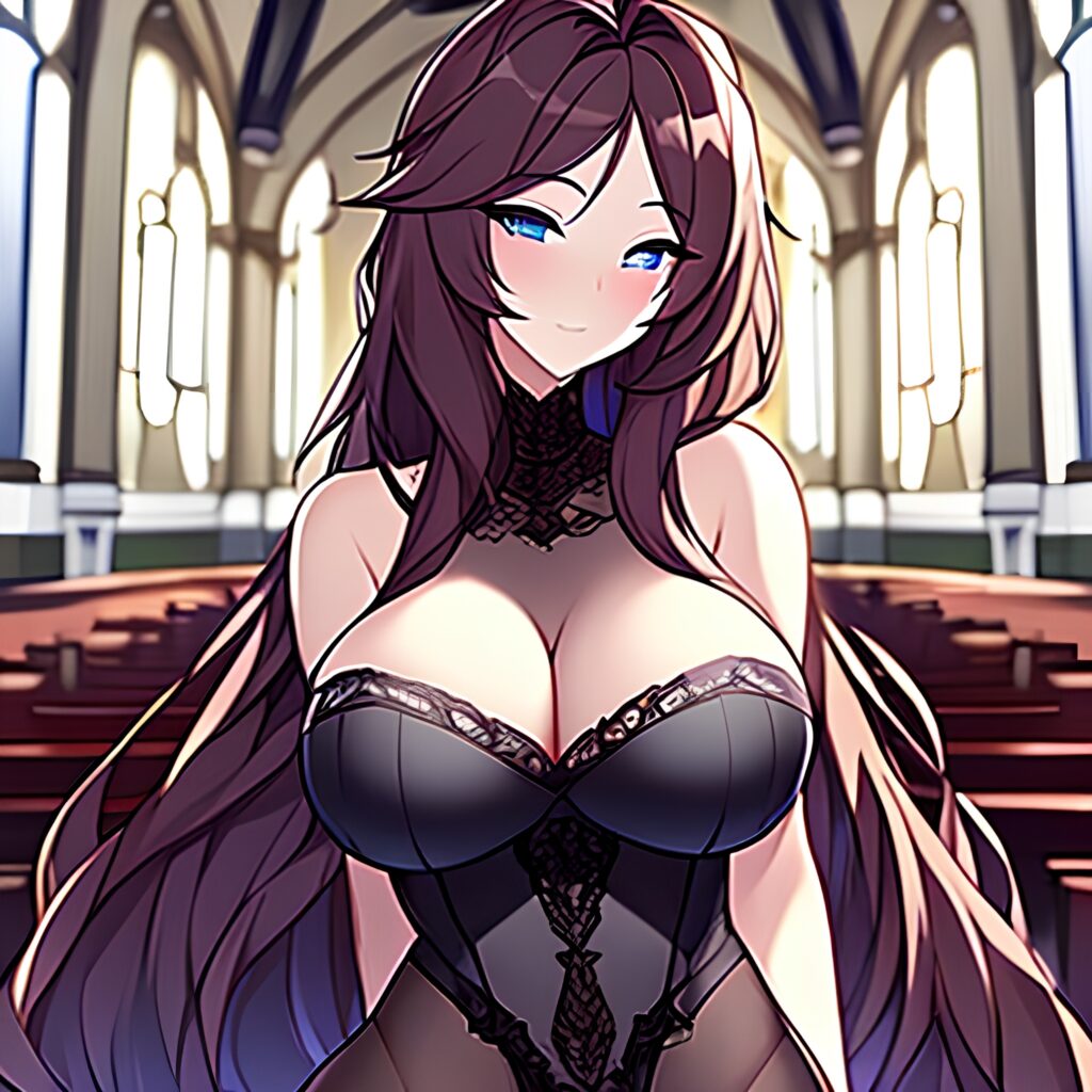 fishnet church woman long hair messy hair brunette 