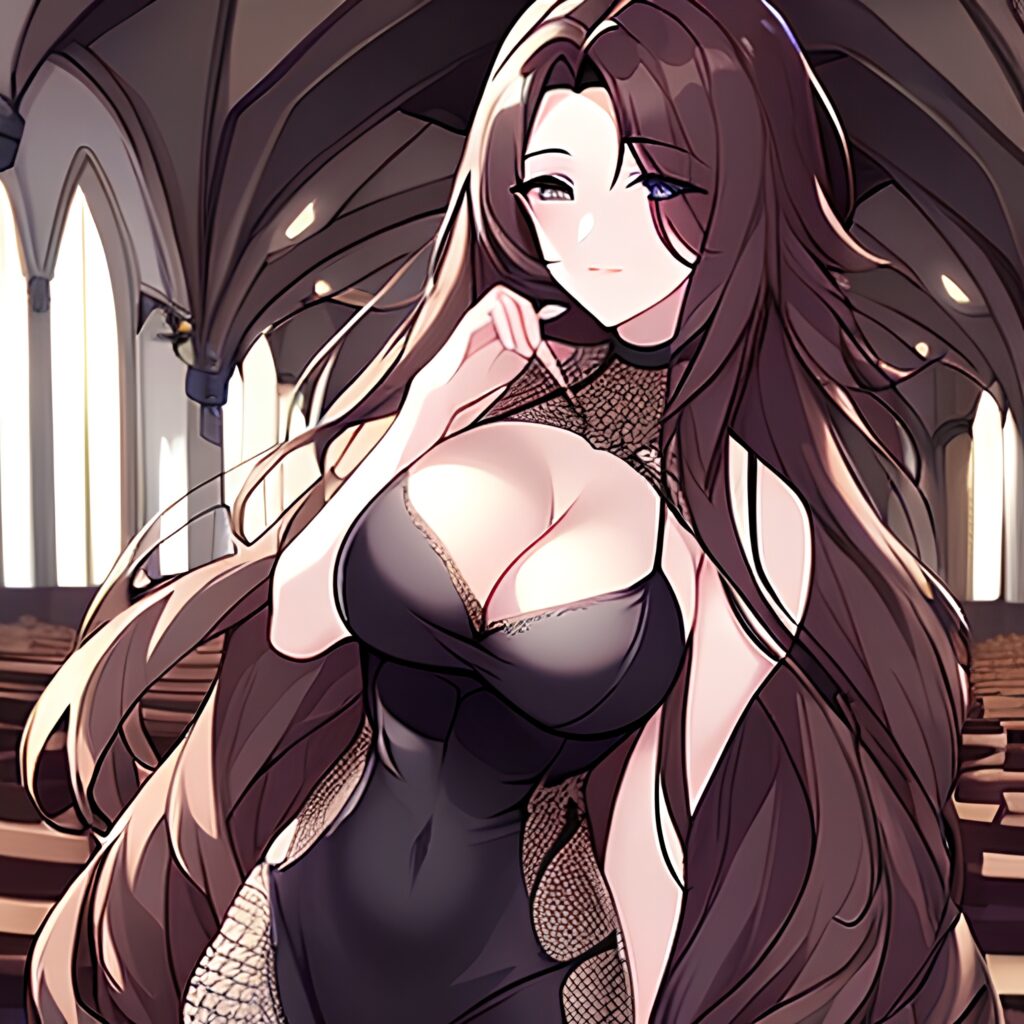fishnet church woman long hair messy hair brunette 