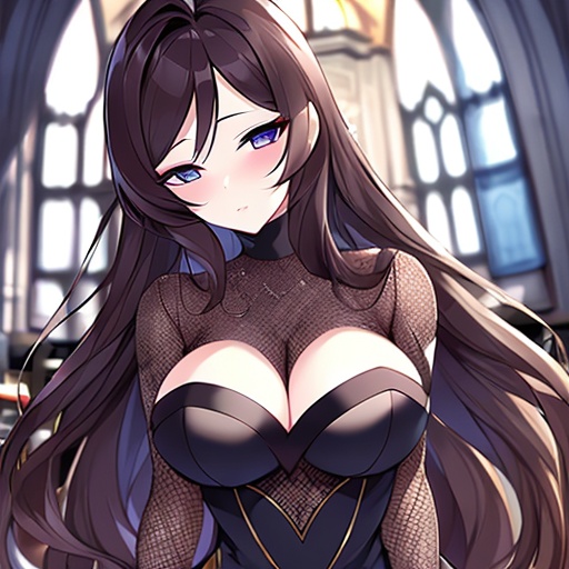 fishnet church woman messy hair brunette long hair