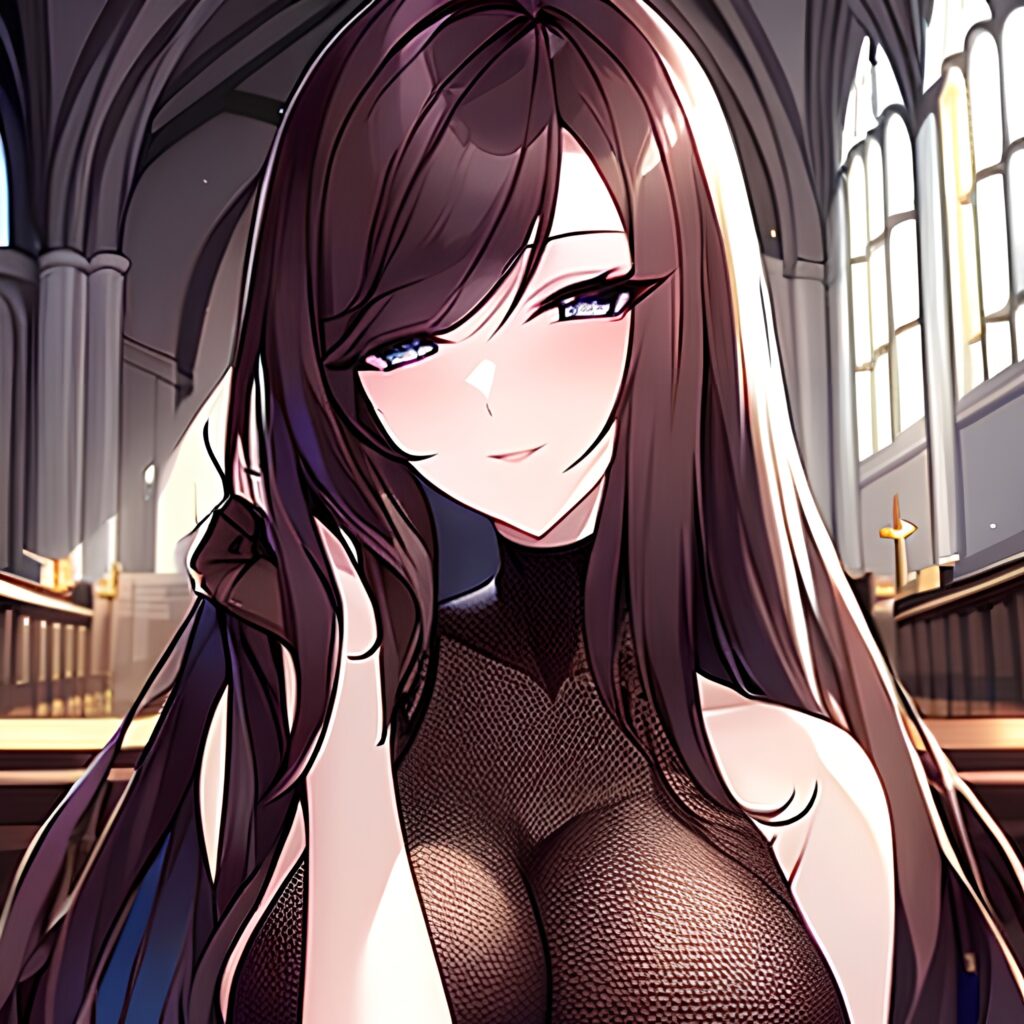 fishnet church woman messy hair brunette long hair