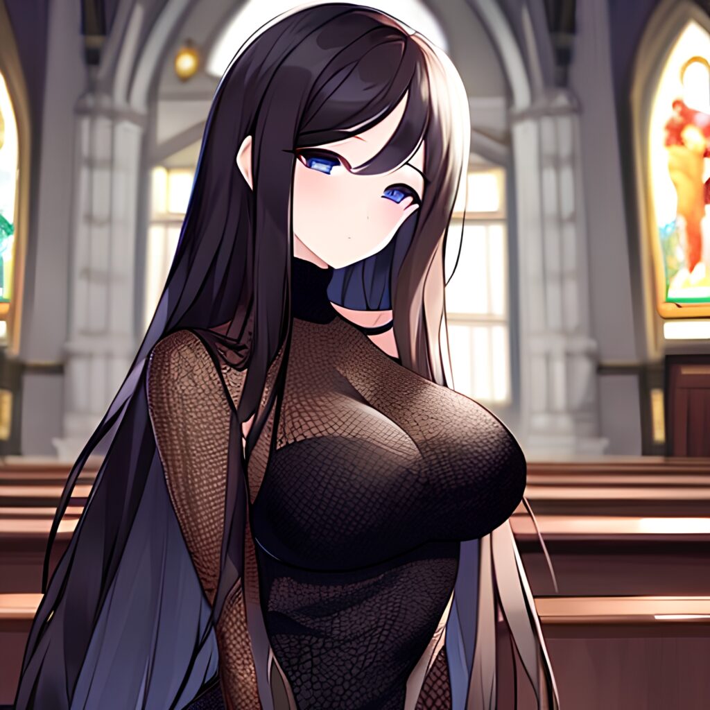 fishnet church woman messy hair brunette long hair 