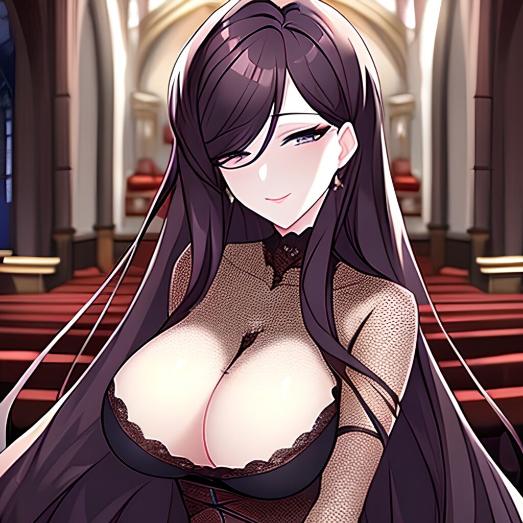 fishnet church woman messy hair brunette long hair 