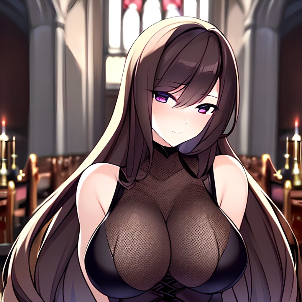 fishnet church woman messy hair brunette long hair 