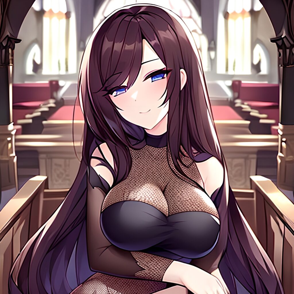 fishnet church woman messy hair brunette long hair