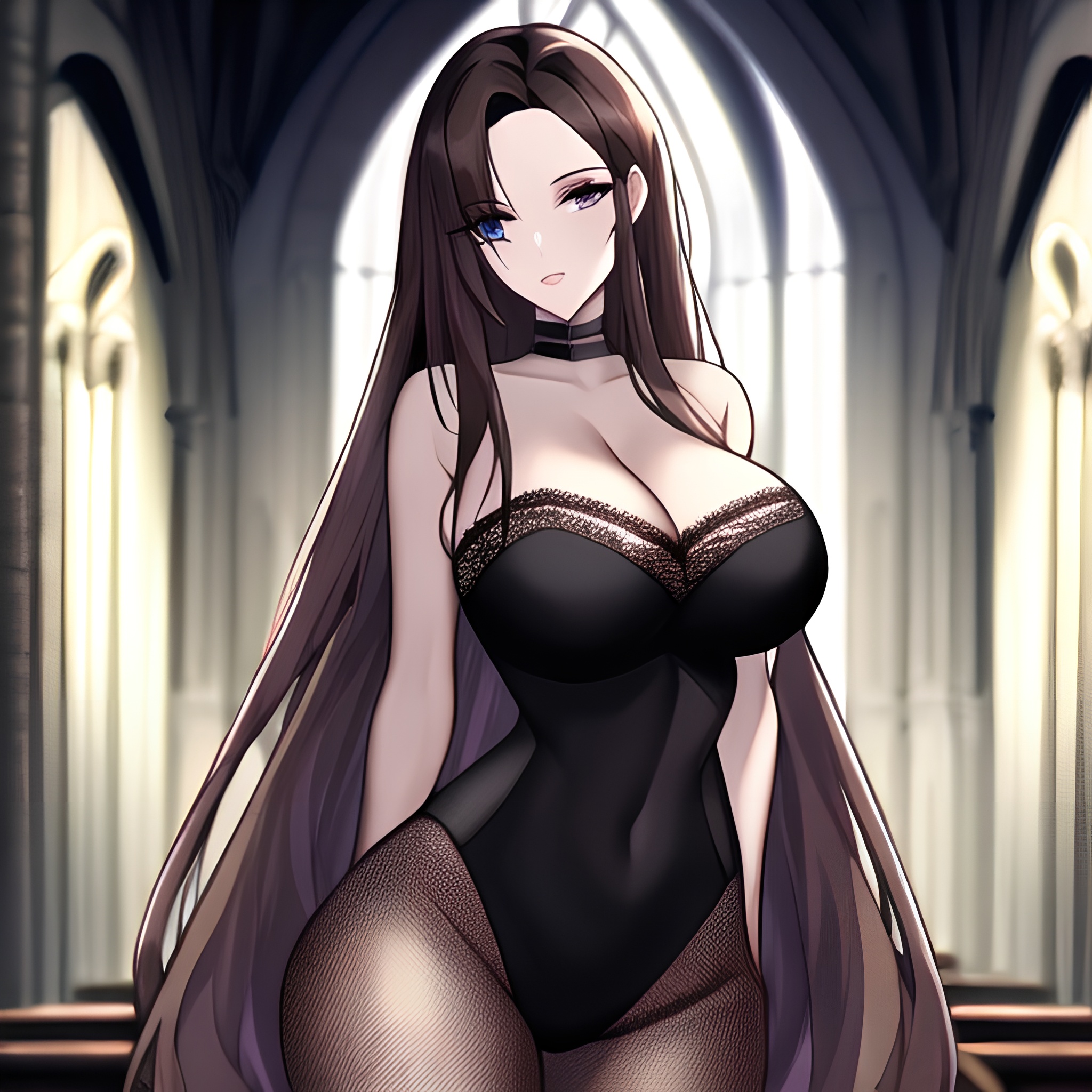 fishnet church woman messy hair brunette long hair 