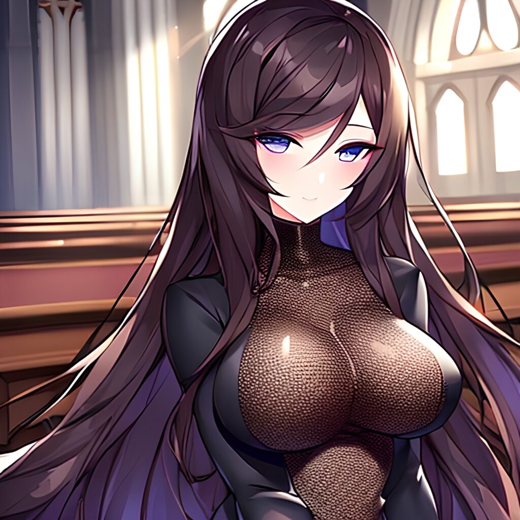 fishnet church woman messy hair long hair brunette 